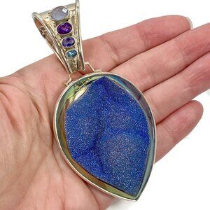 Druzy Pendant, Amethyst, Sterling Silver, Iolite, Blue Topaz, Calcedony, Sajen